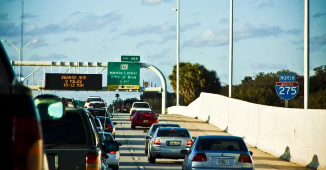 Highway I275 Northbound through Tampa. Cars in gridlock traffic.
