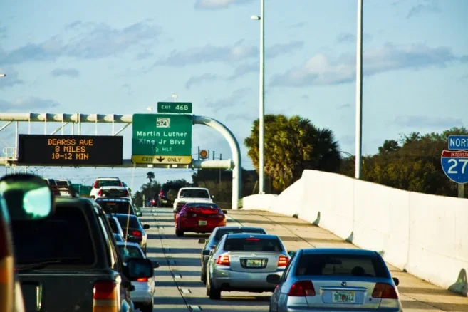 Highway I275 Northbound through Tampa. Cars in gridlock traffic.