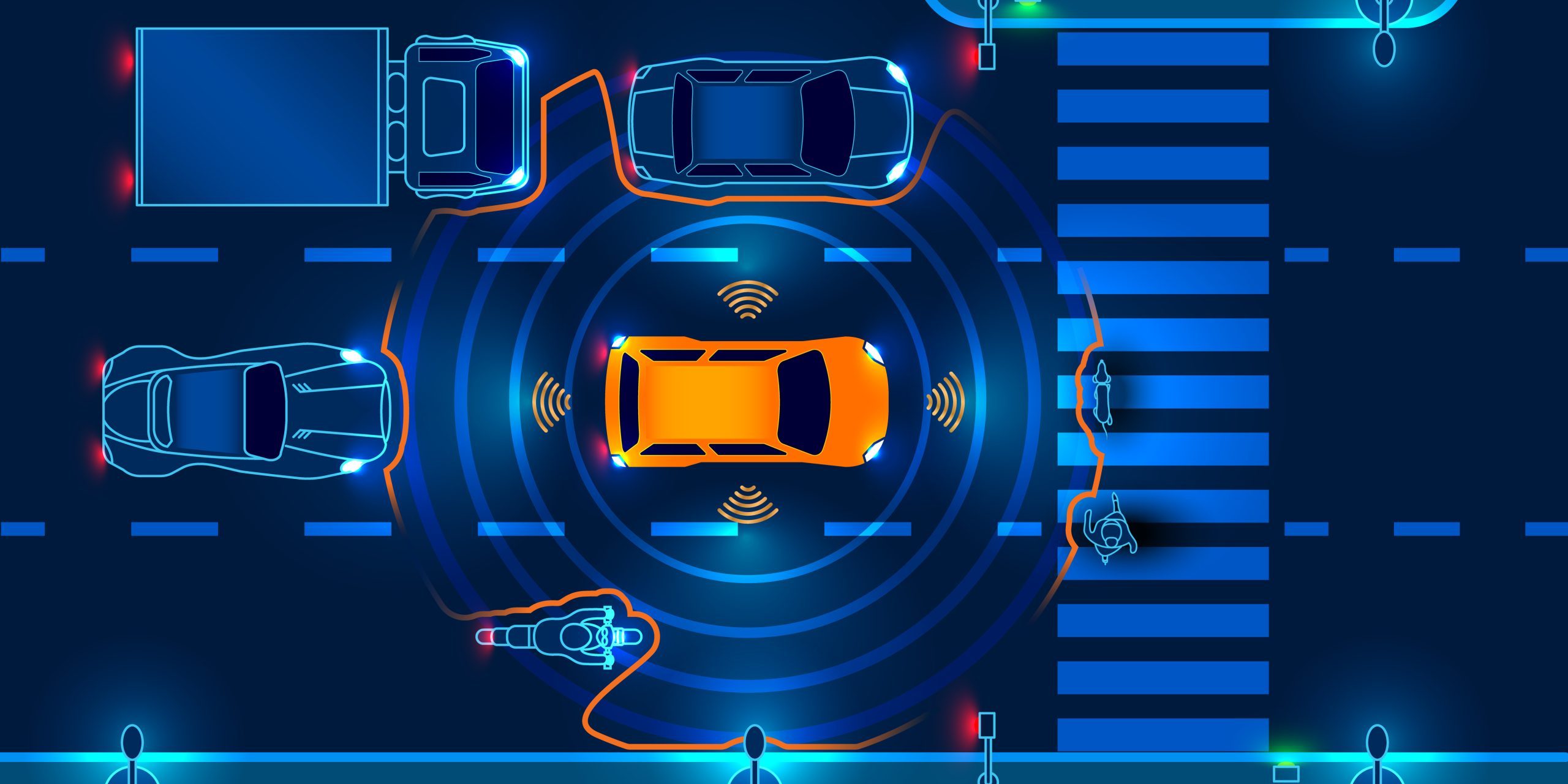 Autonomous smart car Connected vehicle stopped at pedestrian crossing identifies nearby cars, pedestrians, and bicycles.