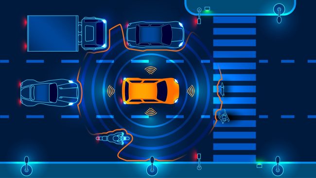 Connected vehicle stopped at pedestrian crossing identifies nearby cars, pedestrians, and bicycles.