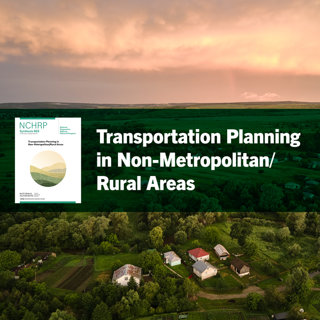 Rural landscape in background with book cover and text that reads, Transportation Planning in Non-Metropolitan/Rural Areas