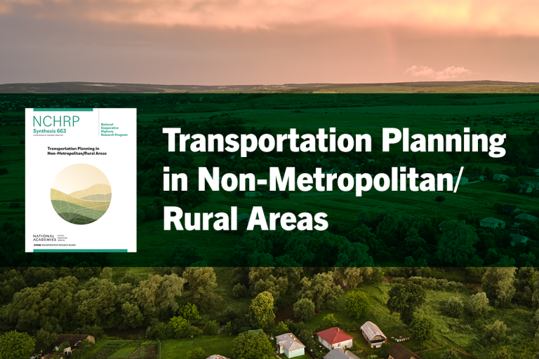 Rural landscape in background with book cover and text that reads, Transportation Planning in Non-Metropolitan/Rural Areas