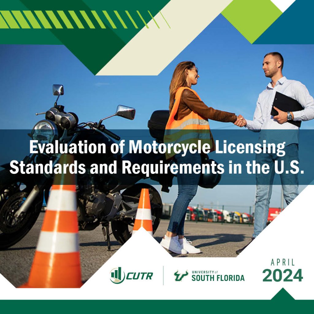 Motorcycle parked on a rider training range beside orange traffic cones while two professionals shake hands, symbolizing collaboration in motorcycle licensing and rider training.